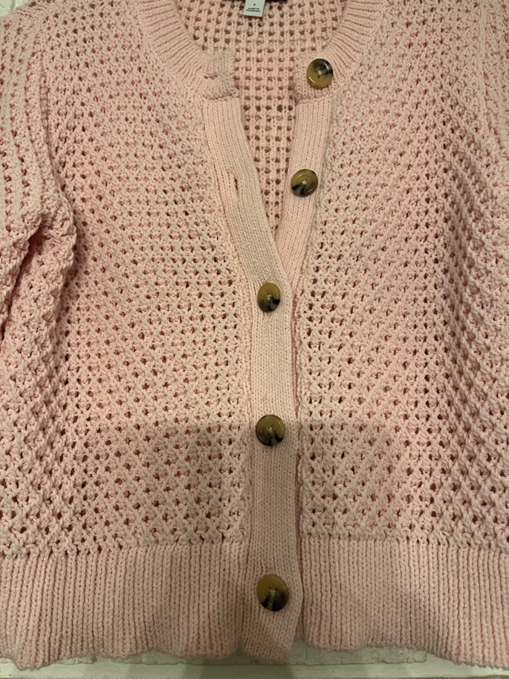 Ann Taylor weekend Open-Knit Blush Pink Button Cardigan, size small - Picture 3 of 6